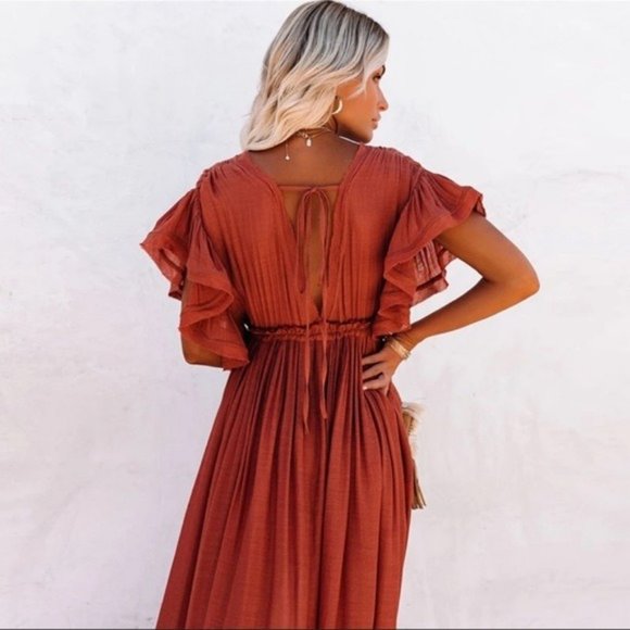 Elegant Backless Rust Maxi Dress - Picture 2 of 12